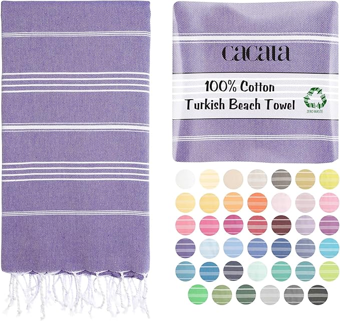 Cacala Lightweight and Thin Turkish Beach Towel 100% Cotton Sand-Free and Quick-Drying Goodness Perfect as an Extra Large Travel Towel, Beach Accessory, or Gift for Beach Lovers, 37 x 70