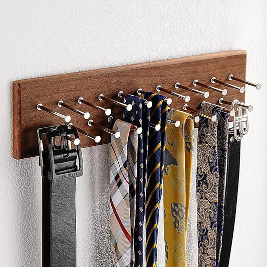 TreeHouse London Tie Rack Organizer – Holds 40 Large Ties – Solid Wood & Sturdy Metal Storage Holder for Closet – Wall Mounted Tie Display Hanger for Wall, Bedroom - (Walnut Tie Rack) 16" L X 4.25" H