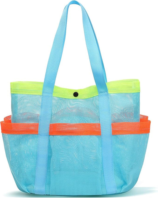 Mesh Beach Bag, Foldable Waterproof Sandproof Beach Storage Tote with 6 Pockets, Swim Tropical Vacation Pool Essential