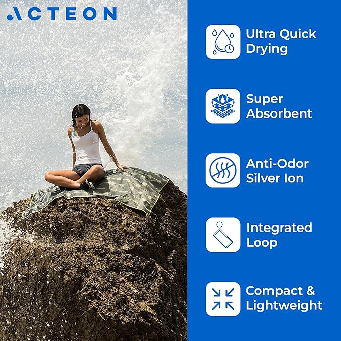 Acteon Large Microfiber Beach Towel, 64" x 30" Quick Dry Odor-Free Technology, Men & Women Fast Drying Absorbent Swim Towels for Swimmers, Sand, Pool, Travel, Hiking, Gym, Camping, Bath