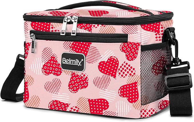 BEIMILY Lunch Box for Men/Women,Small Insulated Lunch Bag,Reusable LunchBox for work Picnic Hiking Beach,Leakproof Soft Cooler Tote Bag Organizer with Adjustable Shoulder Strap for Adults (Pink Heart)