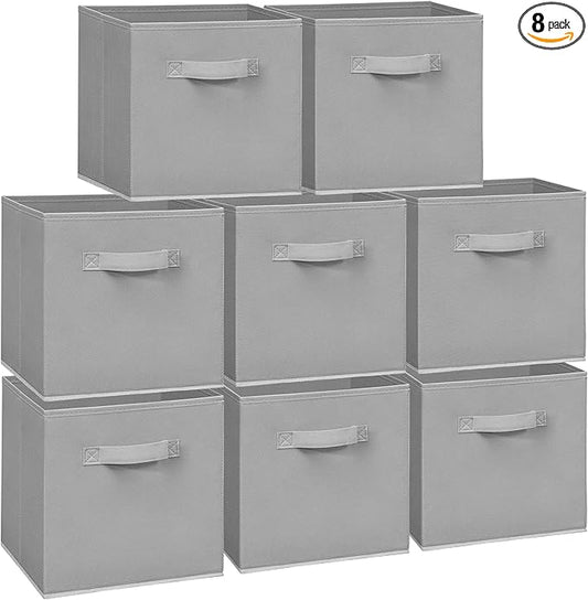 11 Inch Fabric Storage Cubes, Sturdy Foldable Storage Bins, Heavy Duty Cube Organizer for Clothes, Blankets, Shelves, Closets, Bedroom, Living Room, Gray, 8 Pack