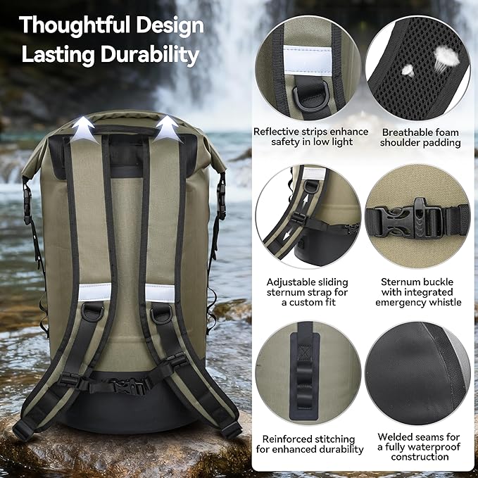 MARCHWAY Floating Roll Top Dry Bag, Flexible Lightweight TPU Waterproof Backpack 20L/30L/40L with Padded Straps for Boating, Kayaking, Swimming, Hiking, Beach (Green, 30L)