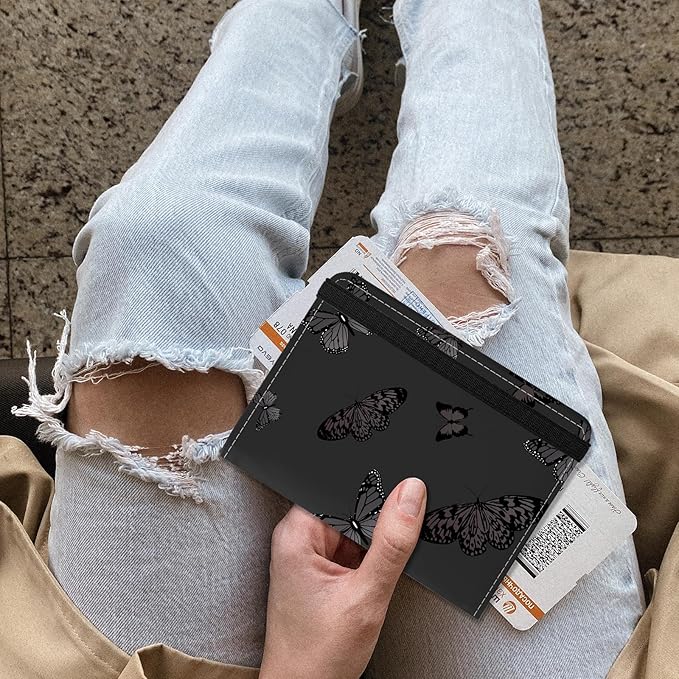 Cute Passport Holder and Holder Combo Passport Cover with RFID Blocking Women Men Compatible Wallet Credit Card Protector(Black Butterfly)