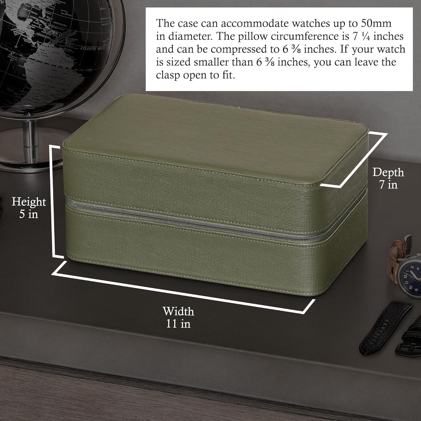 ROTHWELL 8 Watch Travel Case Storage Organizer for 8 Watches, Sunglasses, Rings & Cufflinks |Tough Portable Protection with Zipper Fits Most Wristwatches & Smart Watches Up to 50mm (Green/Tan)