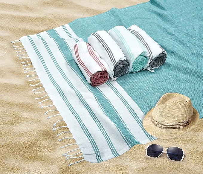 GLAMBURG Peshtemal Turkish Beach Towel Cotton Oversized 36x71 Set of 6 for Adults, Soft Durable Absorbent Extra Large Hammam Bath Sheet - Teal