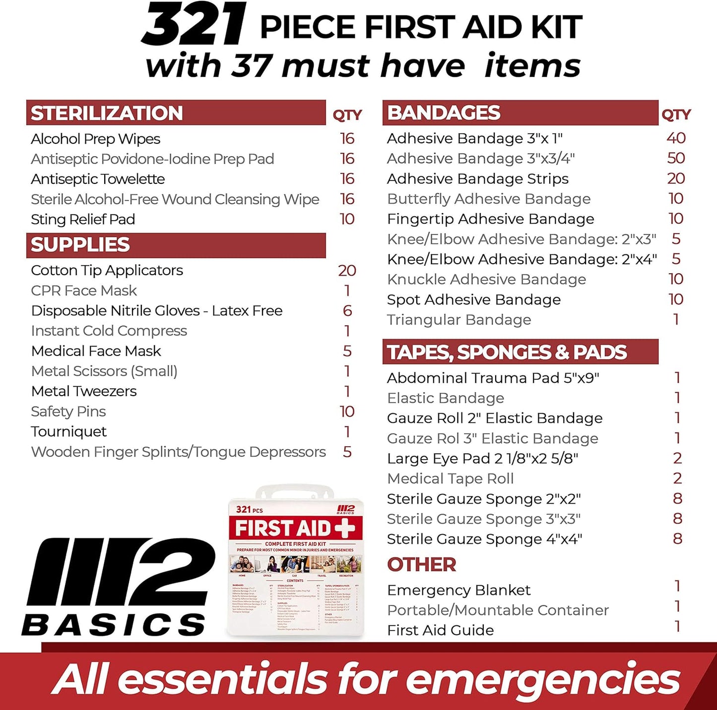 M2 BASICS Premium 321 Piece First Aid Kit - First Aid Kit for Home, Car, Business, Office, School, Travel, Camping, Outdoors - Emergency Medical Supplies, Durable Portable Hard Case