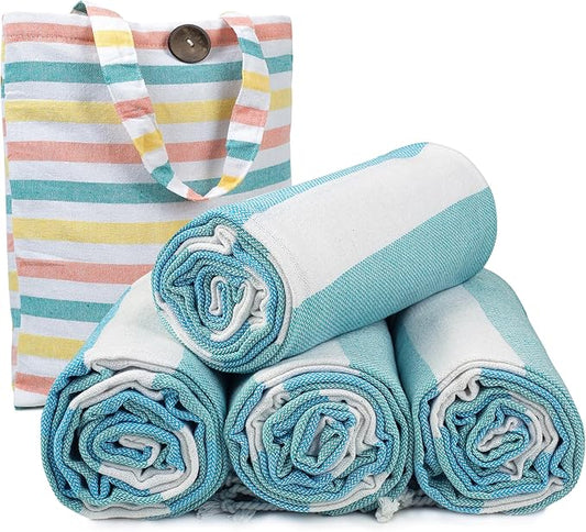 HILLFAIR Cotton Turkish Beach Towels, Quick Dry Lightweight Sand Free Peshtemal Towel for Bath Swim Yoga Spa Travel, Beach Accessories, Oversized Cotton Turkish Towels (39 x 72 inch- 4 Pack Sea)
