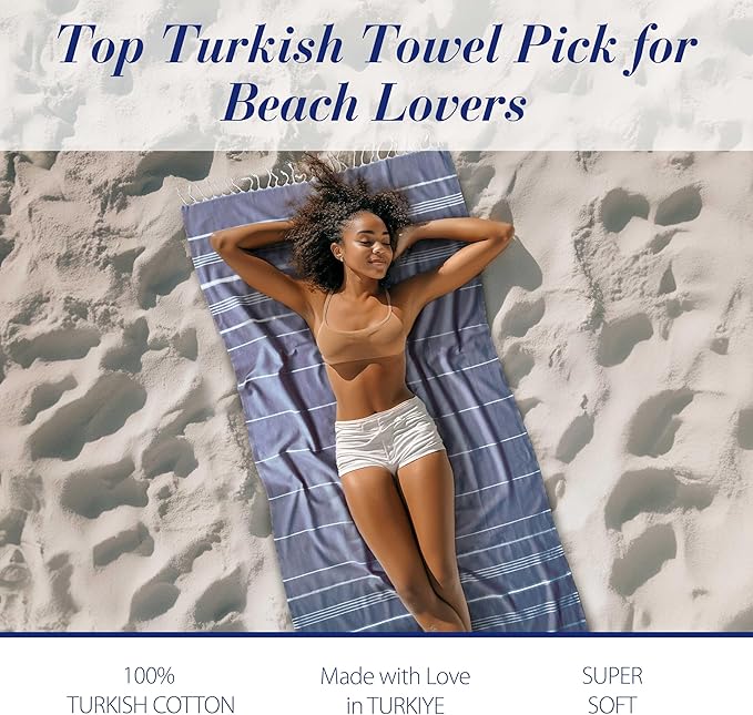 Cacala Lightweight and Thin Turkish Beach Towel 100% Cotton Sand-Free and Quick-Drying Goodness Perfect as an Extra Large Travel Towel, Beach Accessory, or Gift for Beach Lovers, 37 x 70