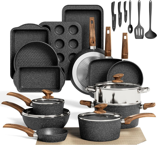 MAISON ARTS Pots and Pans Set Non Stick, 30 Piece Kitchen Cookware & Bakeware Sets with Granite Coating, Pots and Pans Sets for Cooking Nonstick, Black