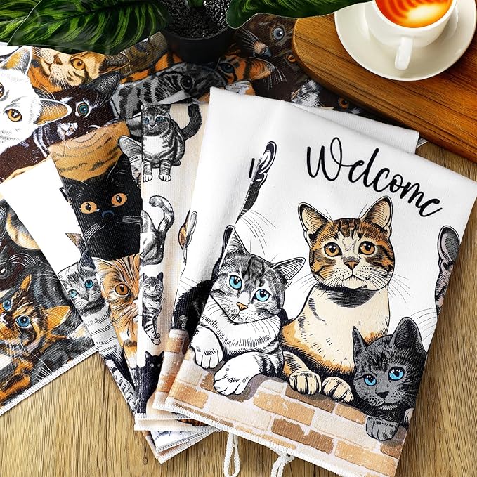 Bencailor 6 Pcs Cat Kitchen Towels Cute Cat Dish Hand Towels Farm Animal Tea Washcloth for Bathroom Kitchen Fall Autumn Farmhouse Decor 24 x 16''