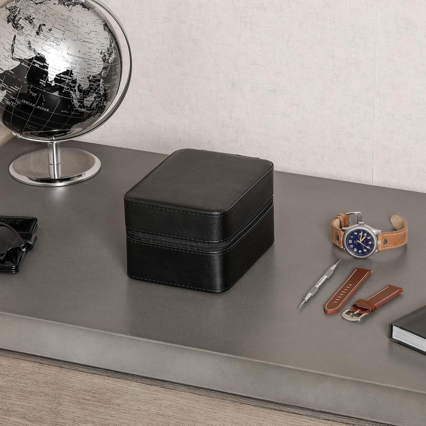 ROTHWELL 5 Watch Travel Case Storage Organizer for 5 Watches | Tough Portable Protection w/Zipper Fits All Wristwatches & Smart Watches Up to 50mm (Black/Red)