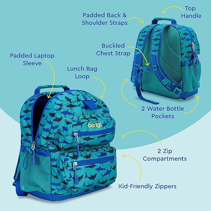 Bentgo Kids Backpack - Lightweight 14” Backpack in Fun Prints for School, Travel, & Daycare, Ideal for Ages 4+, Roomy Interior, Durable & Water-Resistant Fabric, & Loop for Lunch Bag (Shark)