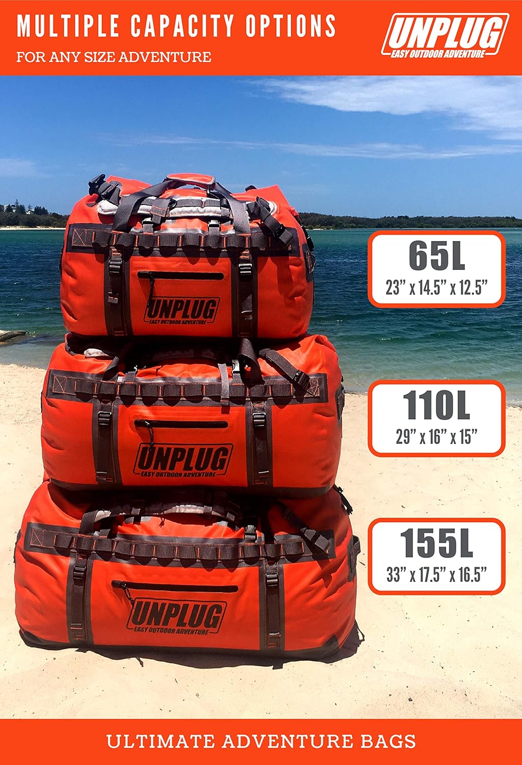 UNPLUG Ultimate Adventure Bag | 1680D Heavy Duty Waterproof Bag | Large Travel Duffle Bag which can be Used for Camping, Motorcycling, Boating, or Hunting (155L Adventure Orange)