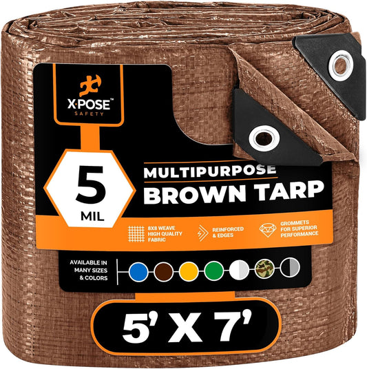 Multipurpose Protective Cover Brown Poly Tarp 5' x 7' - Durable, Water Resistant, Weather Resistant - 5 Mil Thick Polyethylene - by Xpose Safety