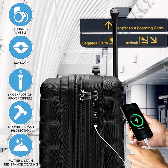 Flight Knight 21.5x15.5x9 Expandable Carry On Suitcase Hardside TSA Lock & USB C Port Lightweight Luggage Silent Double Spinner Wheels Maximum Canada Air Overhead Bag Airlines Approved Black