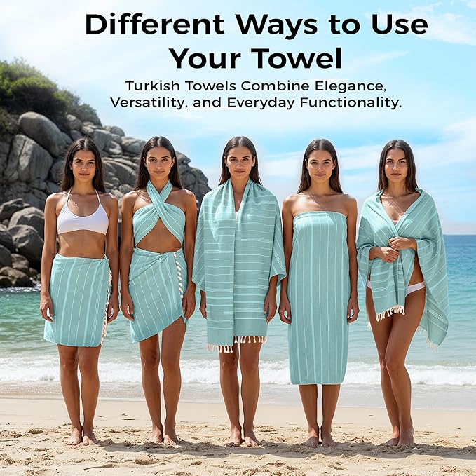 Turkish Beach Towel with Hidden Zipper Pocket 100% Cotton Oversized 72 x 37 Inches Quick Dry Sand Free Lightweight Compact for Beach, Pool, Travel, Bath, and Yoga (Light Turquoise)