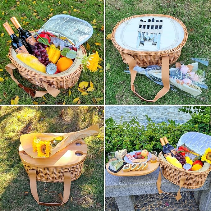 Hap Tim Wicker Picnic Basket Set for 2 with Mini Folding Wine Picnic Table & Large Insulated Cooler Bag & Cutlery Service Kits for 2 Person, Couples Gifts, Wedding Gifts (Y2209-2-CM)