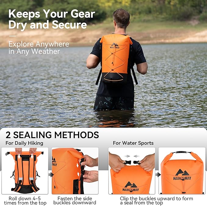 MARCHWAY Floating Roll Top Dry Bag, Flexible Lightweight TPU Waterproof Backpack 20L/30L/40L with Padded Straps for Boating, Kayaking, Swimming, Hiking, Beach (Orange, 20L)