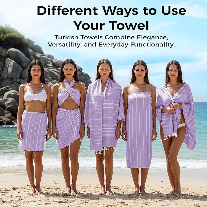 Turkish Beach Towel with Hidden Zipper Pocket 100% Cotton Oversized 72 x 37 Inches Quick Dry Sand Free Lightweight Compact for Beach, Pool, Travel, Bath, and Yoga (Light Purple)