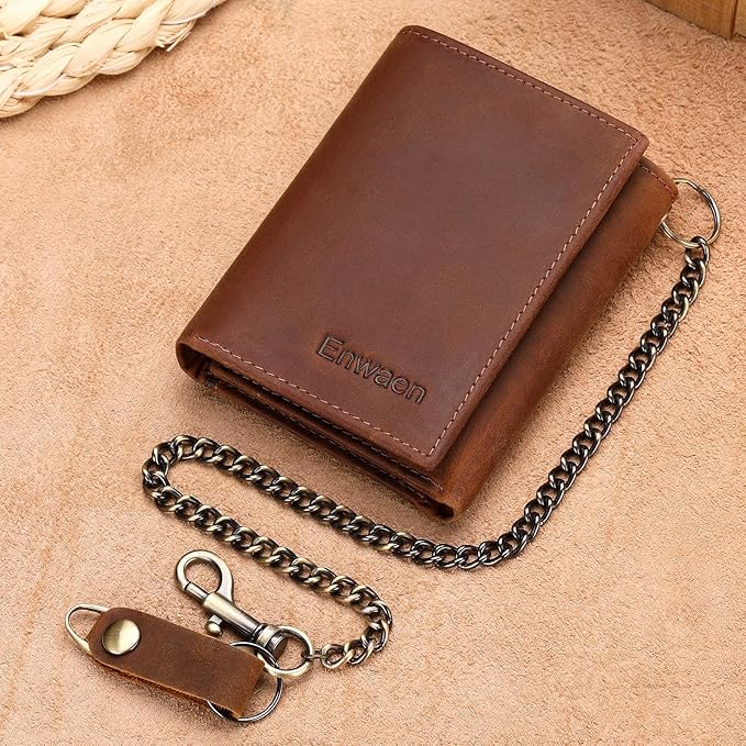 Trifold Mens Wallet with Chain, Genuine Leather Wallet RFID Blocking Anti-Theft Chain for Biker, Motorcycle (Brown Color)