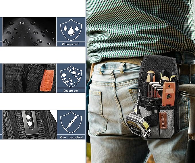 Small Tool Pouch with Belt Clip,Tool Belt Pouches,Electrician Tool Pouch.Mini Organizer Pocket Attachment for Tool Belt,5 Pockets and Heavy-Duty Metal Belt Clip Attachment.…