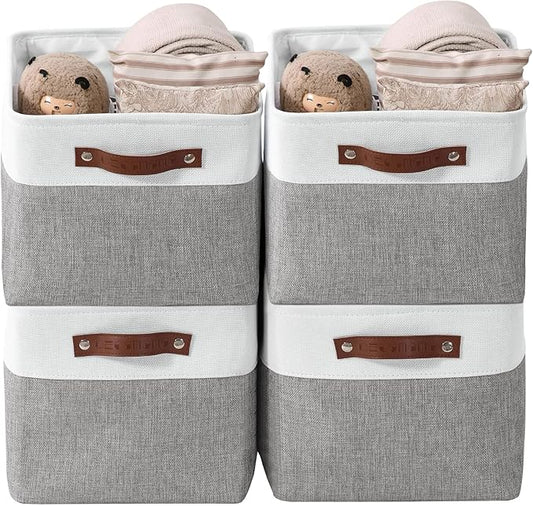 DECOMOMO Storage Baskets for Shelves - Fabric Storage Bins, Linen Closet Organizers and Storage (Grey & White, XL - 4 Pack)