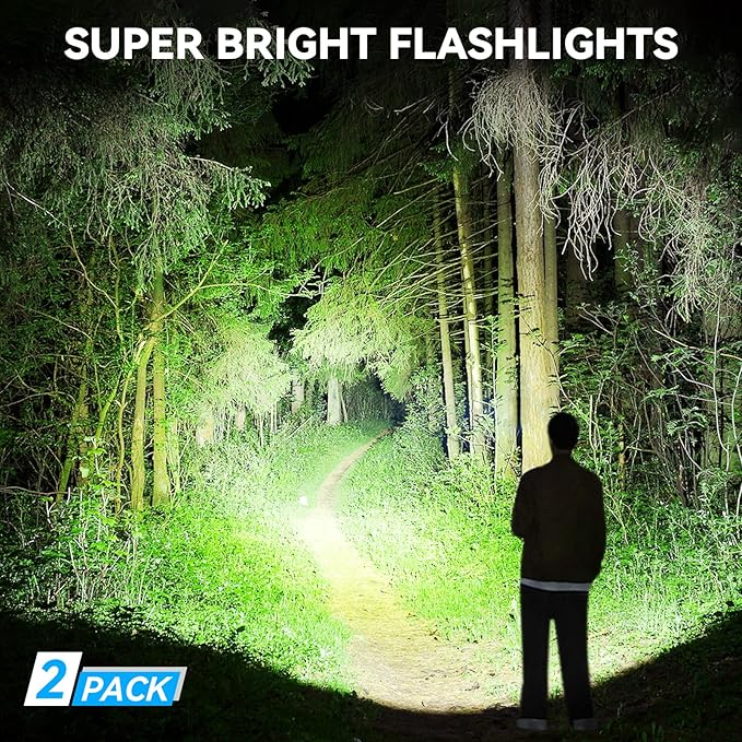 Flashlight Rechargeable LED High Lumens, 99,000 Lumens Super Bright Flash Lights with 5 Modes, Adjustable，Waterproof Powerful Linterna for Home, Camping(2 Pack)