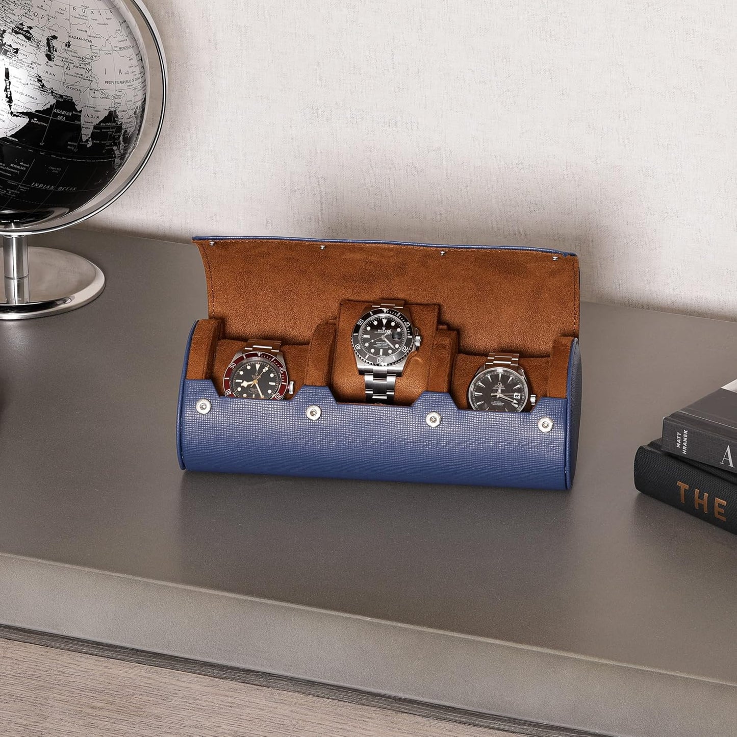 ROTHWELL Watch Roll Travel Case for 3 Watches | Tough Portable Protection, Fits All Wrist Watch & Smart Watches Up to 50mm (Blue/Tan)