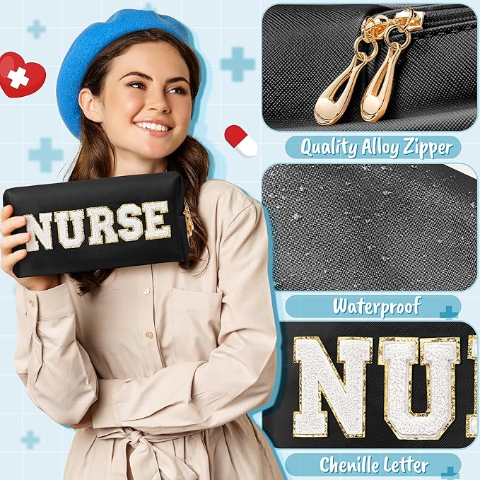 CY2SIDE NURSE Letter Makeup Bag - White Chenille Letter Patch Cosmetic Bag Black PU Leather Patch Travel Pouch Waterproof Portable Zipper Travel Organizer Case Valentines Gifts for Nurse Women