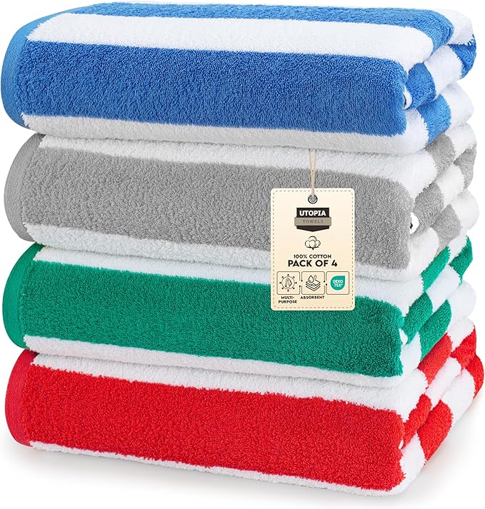 Utopia Towels 4 Pack Cabana Stripe Beach Towel, 30 by 60 Inches, Oversized 100% Ringspun Cotton Pool Towels, Highly Absorbent Bath Towels for Beach
