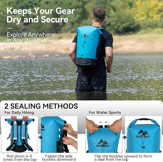 MARCHWAY Floating Roll Top Dry Bag, Flexible Lightweight TPU Waterproof Backpack 20L/30L/40L with Padded Straps for Boating, Kayaking, Swimming, Hiking, Beach (Blue, 30L)