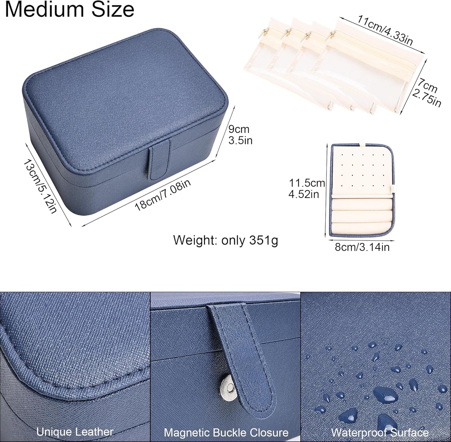 2 Layer Portable Jewelry Box, Large Jewelry Travel Case with 4 Velvet Jewelry Pouches, Medium Size Jewelry Organizer Box for Earrings, Necklaces, Bracelets (dark blue)