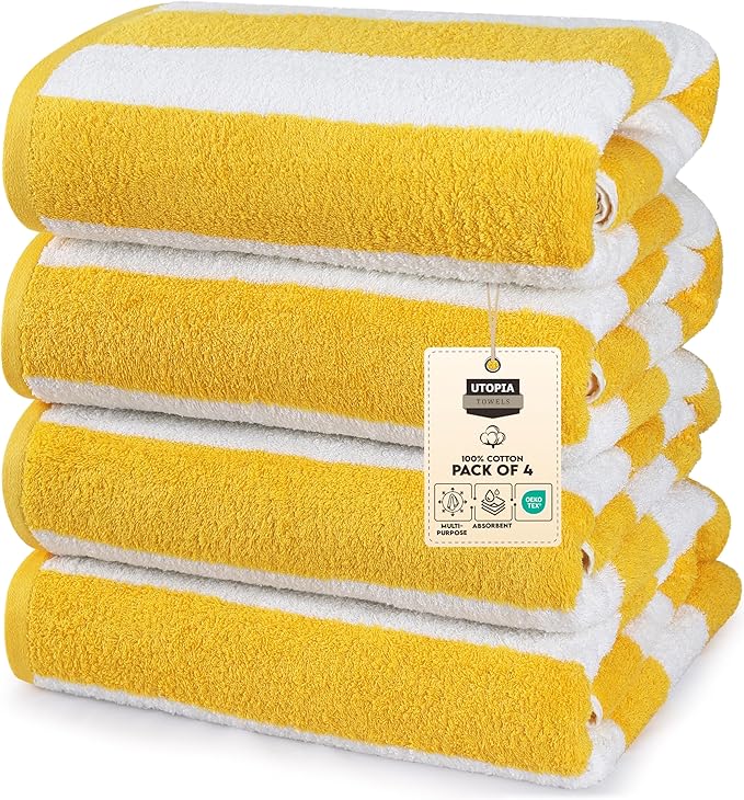 Utopia Towels 4 Pack Cabana Stripe Beach Towel, 30 by 60 Inches, Oversized 100% Ring Spun Cotton Pool Towels, Highly Absorbent Quick Dry Bath Towels for Beach, and Swim, Yellow