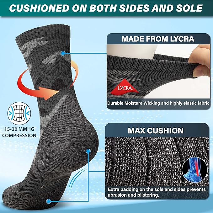 Hylaea Compression Running Socks for men, Coolmax Anti-Blister Cushion Crew Socks for Athletic, Moisture Wicking & Seamless