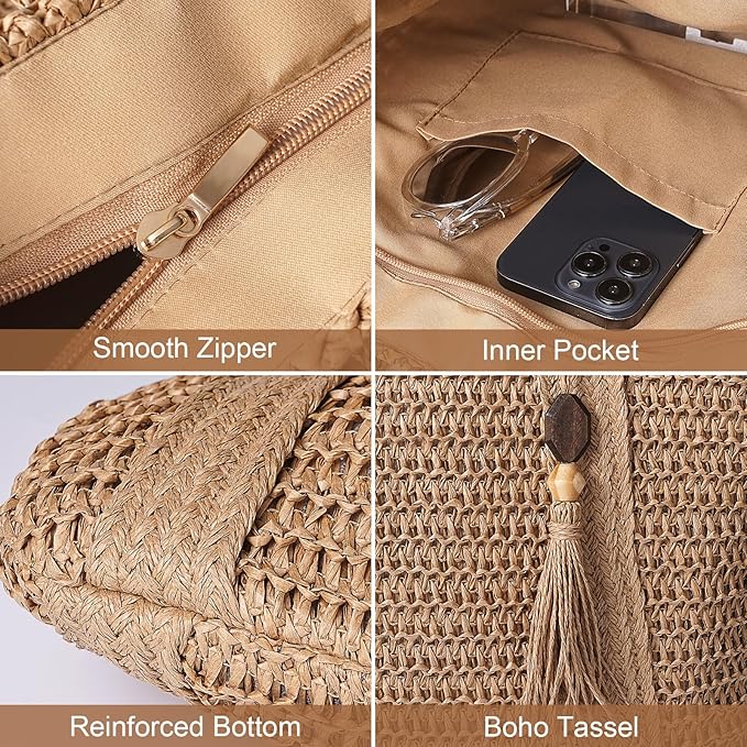 Pleneal Straw Beach Bags for Women - Women Beach Handmade Woven Tote Bag, Summer Mesh Hollow Shoulder Bag for Holiday