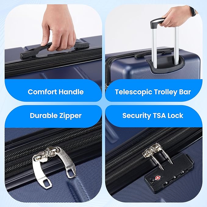 Simple Deluxe 20/24/28 Inch Expandable Hardside Carry On with Spinner Wheels & TSA Lock, ABS Hard Shell Lightweight Rolling Luggage Suitcase, Blue