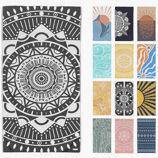 FESHKA Sand Free Turkish Beach Towel (37 x 67) Quick Dry Bath Towel, Oversized Beach Blanket, Lightweight for Travel - Made with 100% Organic Turkish Cotton - Wanderer (Black)