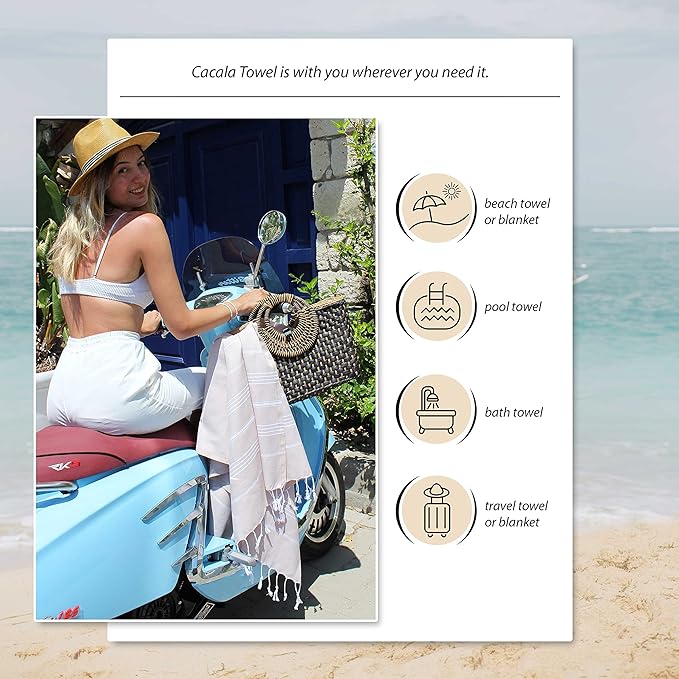 Cacala Lightweight and Thin Turkish Beach Towel 100% Cotton Sand-Free and Quick-Drying Goodness Perfect as an Extra Large Travel Towel, Beach Accessory, or Gift for Beach Lovers, 37 x 70