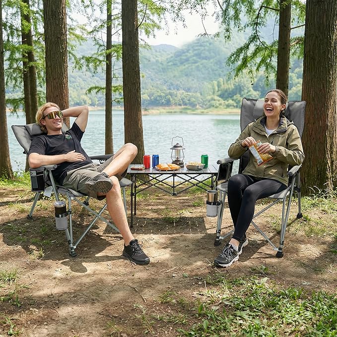 Folding Camping Chair with Cup Holder and Storage Bag, Heavy Duty Support 400 LBS, Oversized Collapsible Portable Adjustable Back Support Camping Chair for Outdoor (Adjustable-Grey)