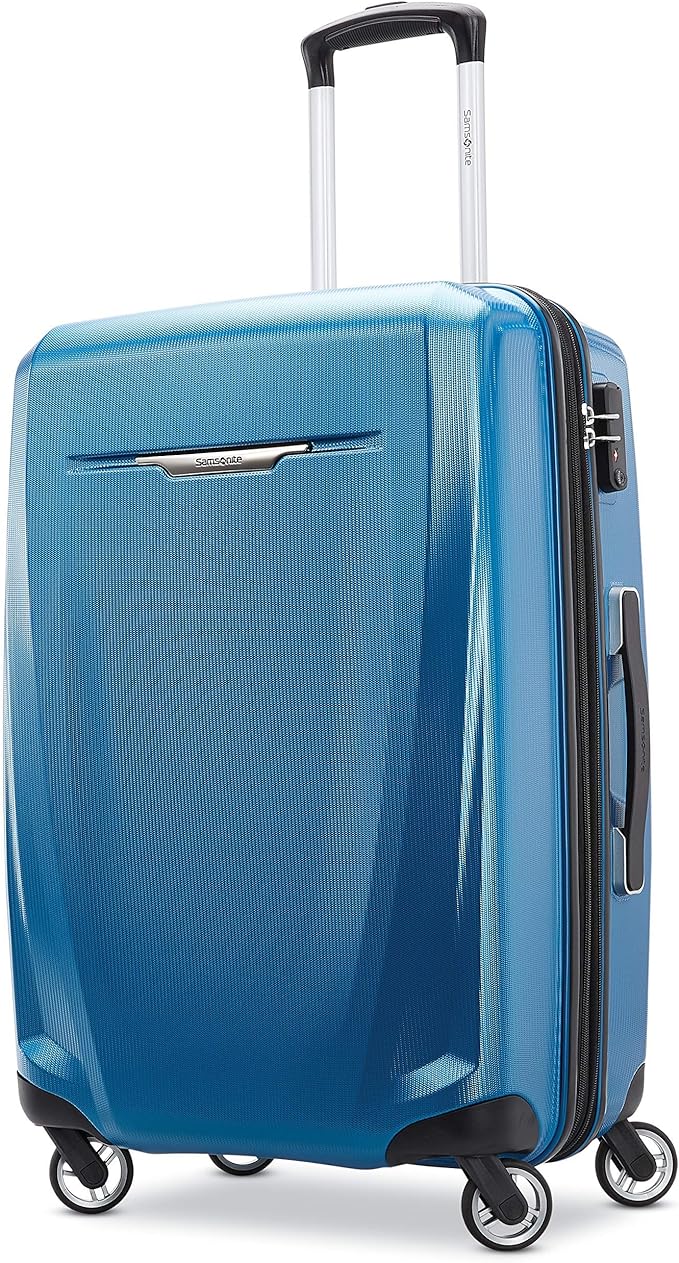 Samsonite Winfield 3 DLX Hardside Expandable Luggage with Spinners, Blue/Navy, Checked-Medium 25-Inch
