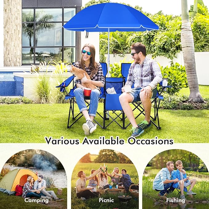 KOTEK Double Camping Chair, Folding Camp Chair with Removable Umbrella, Cup Holders, Cooler Bag, Side Pocket & Carry Bag, 2-Person Beach Chair for Outdoor, Sports, Concerts, Travel, Picnic (Blue)