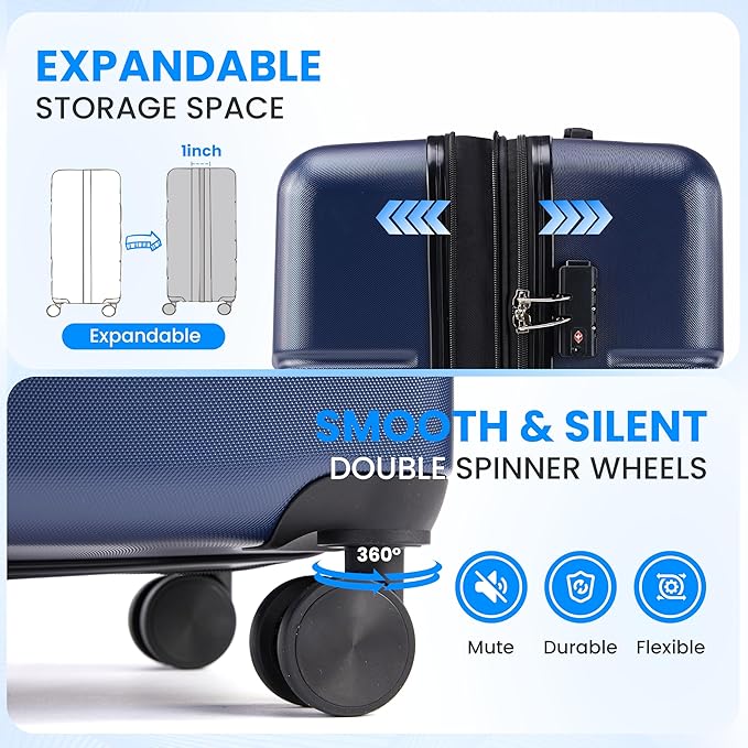Simple Deluxe 3-Piece Luggage Sets, Suitcase with Double Spinner Wheels & TSA Lock, Hard Shell Suitcase, Expandable Rolling Lightweight Luggage, Blue