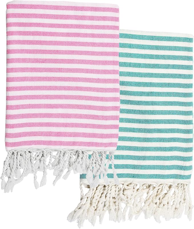 2 Pack Turkish Striped Beach Towels Bulk Oversized 39"x71" Large Bath and Pool Set Quick Dry Lightweight Travel Towel for Adult,100% Cotton TEBT-18-2pkskybe