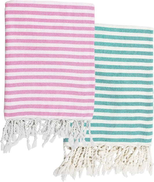 2 Pack Turkish Striped Beach Towels Bulk Oversized 39"x71" Large Bath and Pool Set Quick Dry Lightweight Travel Towel for Adult,100% Cotton TEBT-18-2pkskybe