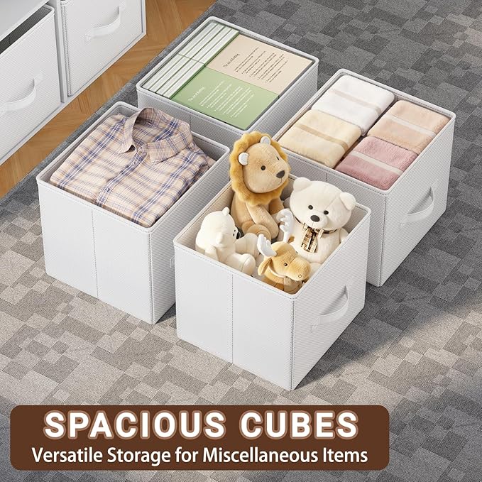 Cube Storage Bins, 11 Inch Fabric Organizers with Handles - Foldable Collapsible Storage Cubes for Shelves, Bedroom, Closet, Cabinet, Bookcase, or Office (White, Pack of 3)