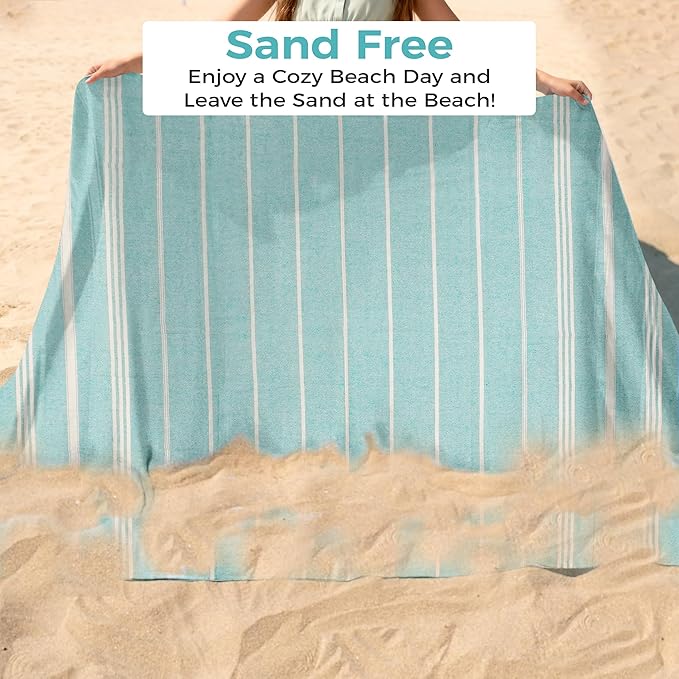 Turkish Beach Towel with Hidden Zipper Pocket 100% Cotton Oversized 72 x 37 Inches Quick Dry Sand Free Lightweight Compact for Beach, Pool, Travel, Bath, and Yoga (Light Turquoise)