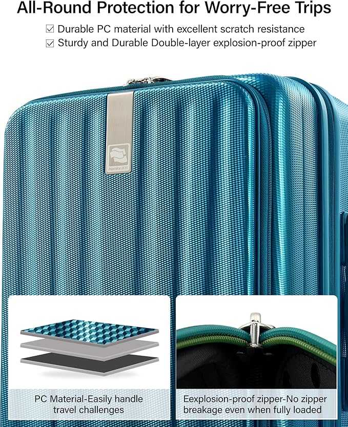Hanke 24 Inch Expandable Luggage Top Opening Checked Bag Luggage Hard Shell Suitcases with Wheels Lightweight Travel Luggage Medium Suitcase with Lock for Woman Men-Caribbean Blue