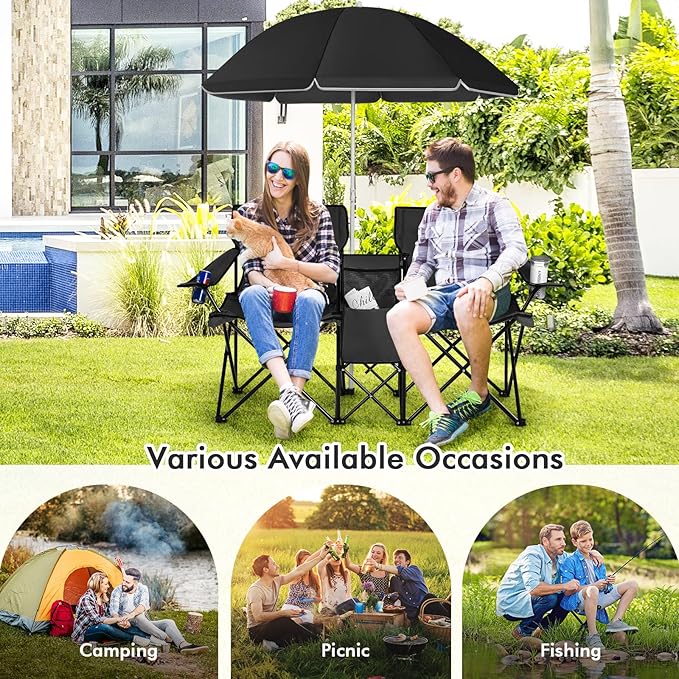 KOTEK Double Camping Chair, Folding Camp Chair with Removable Umbrella, Cup Holders, Cooler Bag, Side Pocket & Carry Bag, 2-Person Beach Chair for Outdoor, Sports, Concerts, Travel, Picnic (Black)