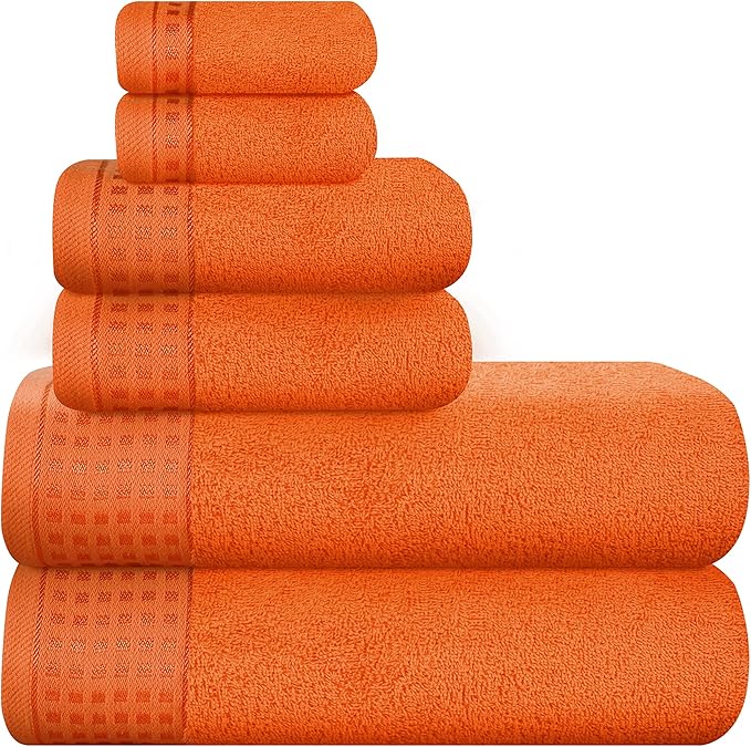 GLAMBURG 100% Cotton Ultra Soft 6 Pack Towel Set, Contains 2 Bath Towels 28x55 Inches, 2 Hand Towels 16x24 Inches & 2 Wash Coths 12x12 Inches, Compact Absorbent Lightweight & Quickdry - Orange